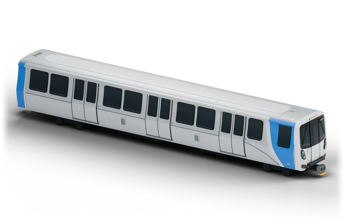 A BART Fleet of the Future train, rendered in 3D